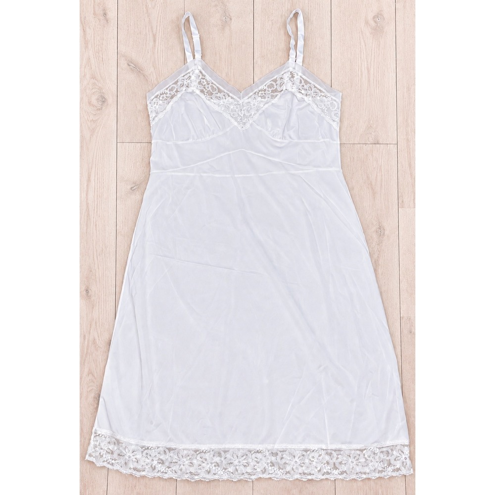 Vintage Full Slip Lace Trim VNeck Adjustable Strap Lingerie Coquette White Small